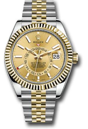 Replica Rolex Yellow Rolesor Oyster Perpetual Sky-Dweller 326933 Champagne Index Dial Jubilee Bracelet